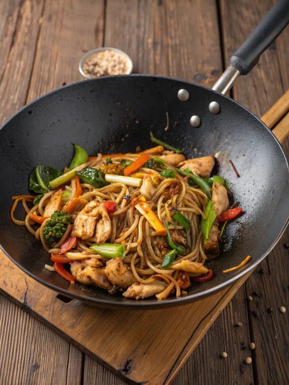 Final step for chicken lo mein showing the finished dish plated in a bowl