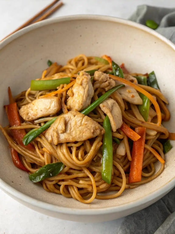 A family-style bowl of chicken lo mein with chopsticks, ready to be served at the dinner table