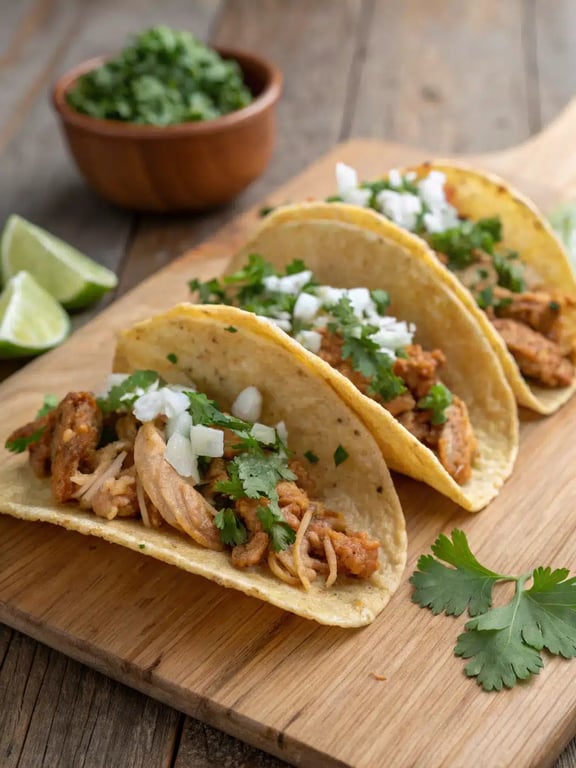 A vibrant serving platter with chicken street tacos, lime wedges, and assorted salsas for a festive meal