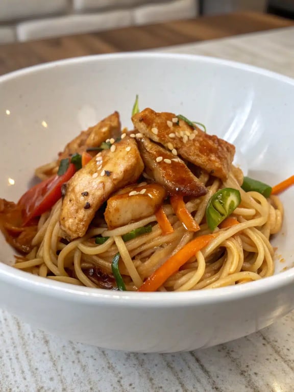chicken teriyaki noodles plated in a bowl with chopsticks and garnishes