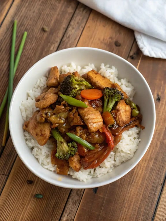 Chinese chicken recipes beautifully plated in a bowl with rice and green onions