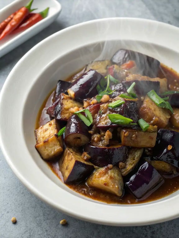 Chinese eggplant garlic sauce beautifully plated in a shallow bowl with steamed rice and chopsticks