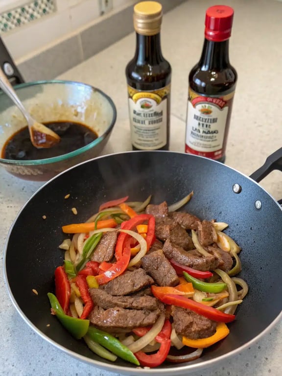 Final step for Chinese pepper steak served in a bowl with rice
