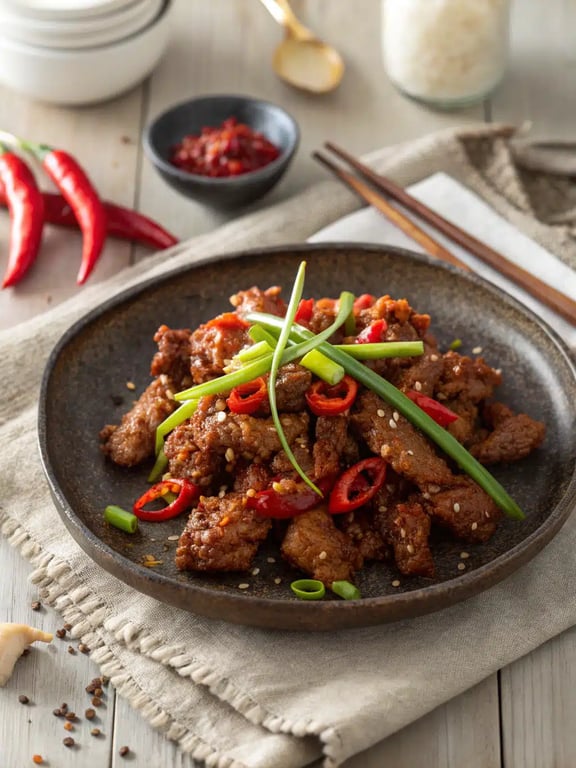 Carne de res crujiente con chile, sabor intenso y frescura