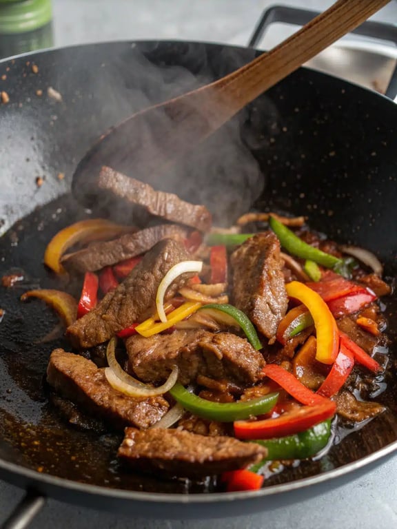 Final step for Crispy Chilli Beef — plated and ready