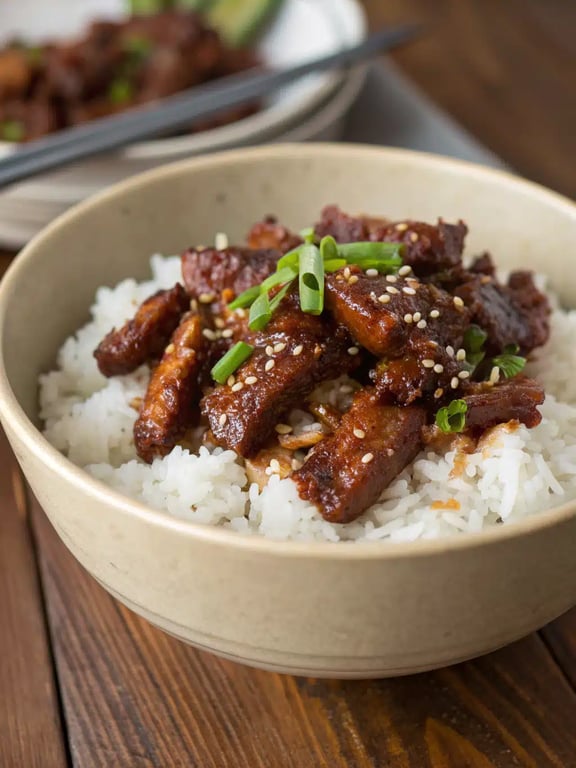 Crispy Chilli Beef beautifully plated over rice with green onion garnish