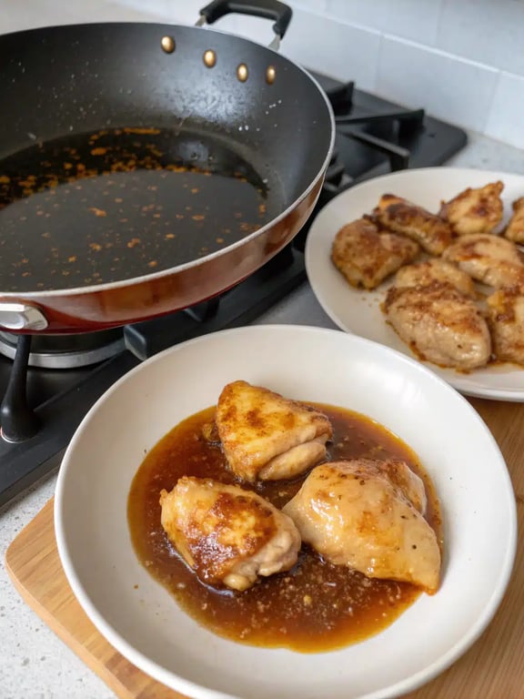 easy sesame chicken sauce simmering and thickening in the pan