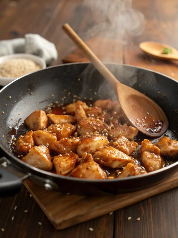 finished easy sesame chicken served in a bowl with rice