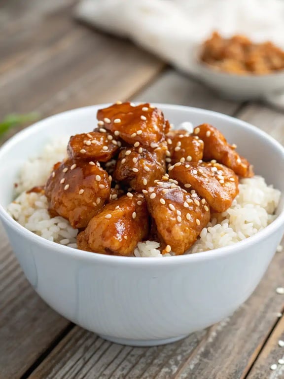 easy sesame chicken plated with rice, broccoli, and garnished with green onions