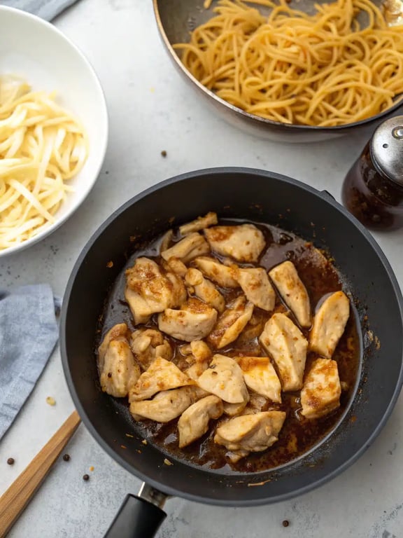 Step 4 for garlic chicken noodles — texture check