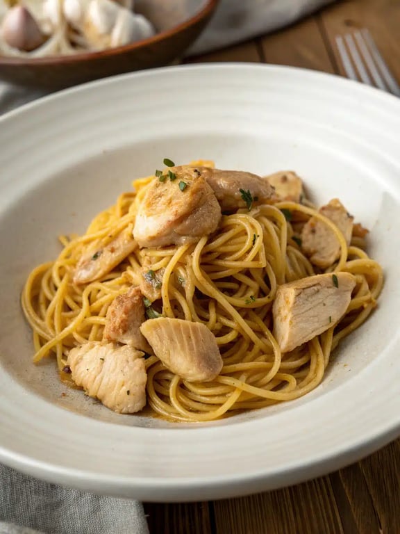 garlic chicken noodles plated with fresh green onions as garnish