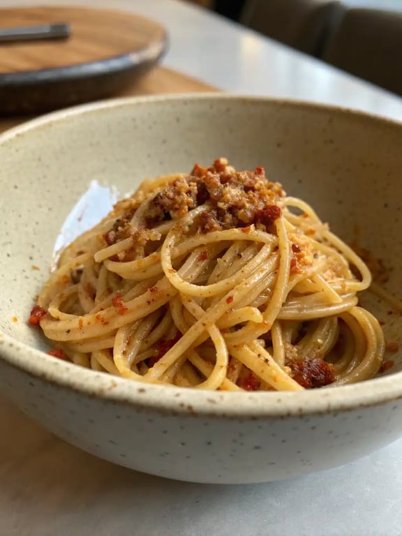 A beautifully plated bowl of garlic chili noodles with green onions and sesame seeds