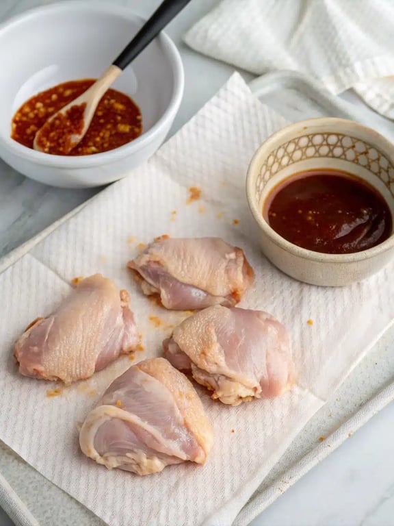Step 2 for gochujang chicken thighs — process in progress