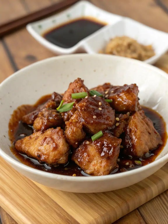 hawaiian shoyu chicken plated family-style with rice and green onion garnish