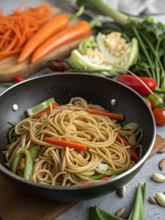 Step 4 for lo mein noodles — vibrant vegetables stir-frying in a wok