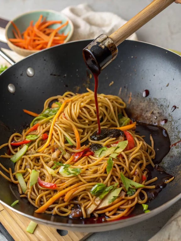 Final step for lo mein noodles — a beautifully plated bowl ready to eat