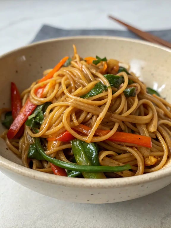 Beautifully plated lo mein noodles with colorful vegetables and garnishes