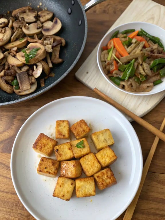 Step 4 for mushroom tofu stir fry — texture check