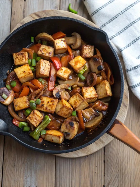 Final step for mushroom tofu stir fry — plated and ready