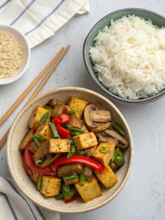mushroom tofu stir fry plated beautifully with white rice and garnishes