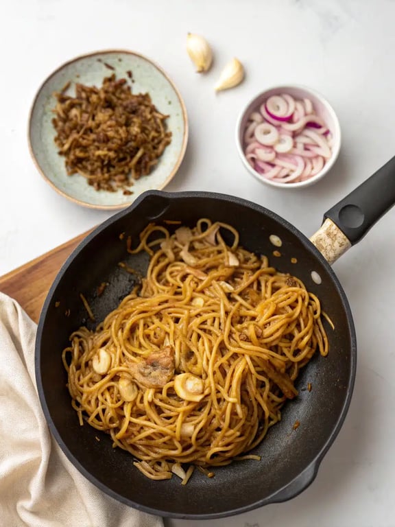 Step 4 for pan fried noodles — texture check