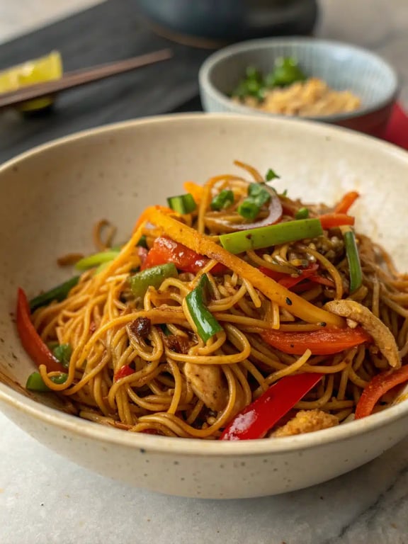 Beautifully plated pan fried noodles with garnishes and side dishes
