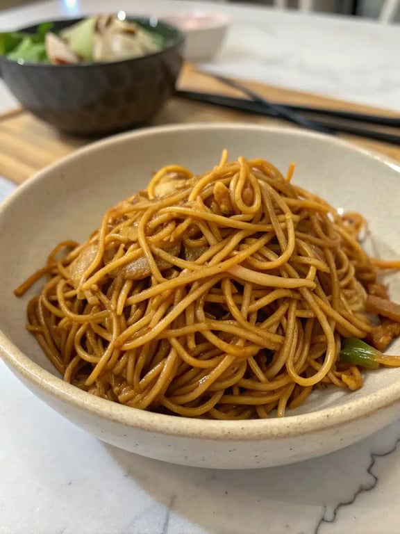 Panda Express Chow Mein plated with garnishes as a complete meal