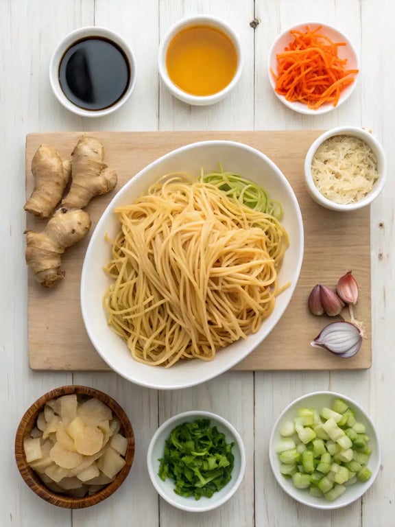 plain chow mein ingredients plain chow mein ingredients arranged on the counter