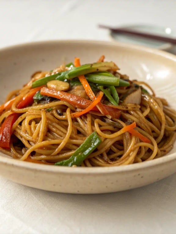 Serving plain chow mein A family-style bowl of plain chow mein with green onion garnish
