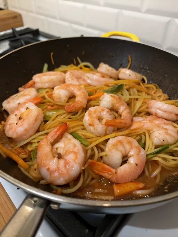Step 4 for shrimp lo mein — texture check