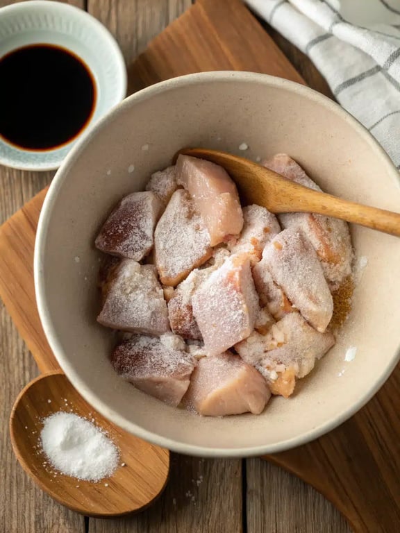 Step 2 for Spicy Dragon Chicken — whisking the savory sauce in a bowl