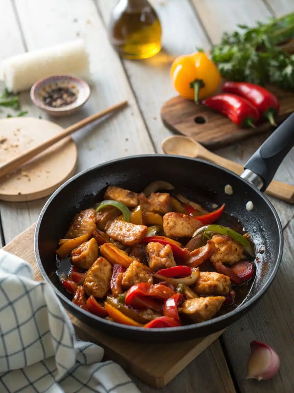 Final step for Spicy Dragon Chicken — plated and ready with green onion garnish
