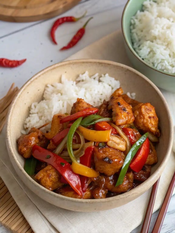 Spicy Dragon Chicken beautifully plated over rice with green onion garnish
