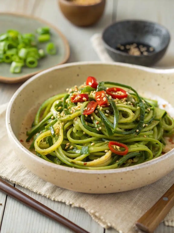 Fideos de calabacín picantes con una irresistible nostalgia de ajo