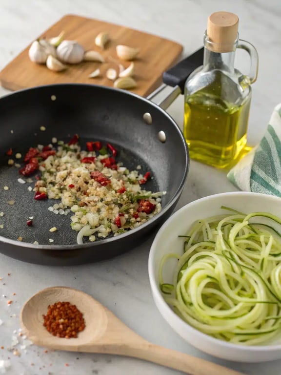 Butter and Parmesan cheese being stirred into cooked spicy zucchini noodles