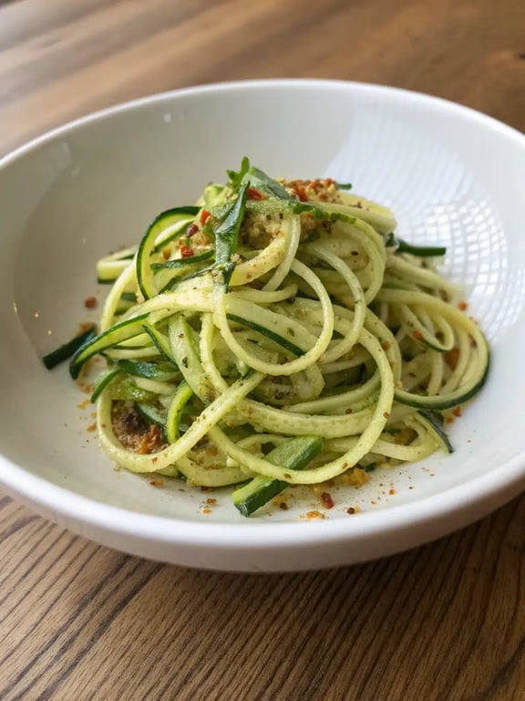 A beautifully plated serving of spicy zucchini noodles alongside grilled chicken and a fresh salad