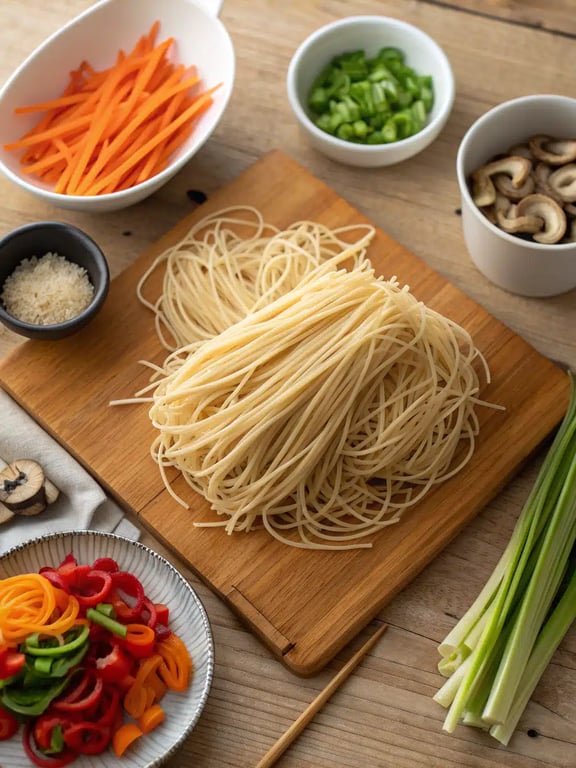 stir fried noodles ingredients stir fried noodles ingredients arranged on the counter