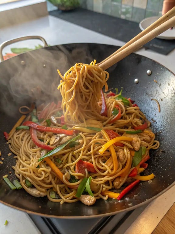 stir fried noodles — final step Final step for stir fried noodles — plated and ready
