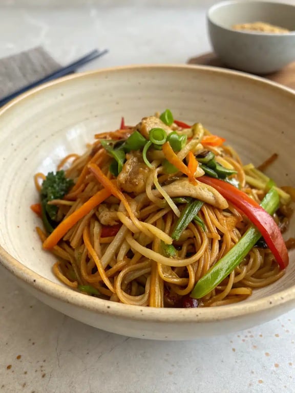 stir fried noodles plated for serving A beautifully plated bowl of stir fried noodles with chopsticks