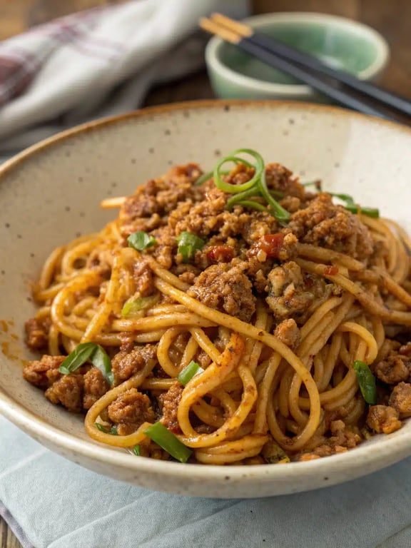 Szechuan noodle recipe beautifully plated in a bowl with green onion garnish