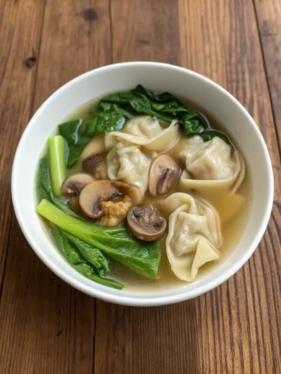 wonton soup recipe beautifully plated in a ceramic bowl with chopsticks