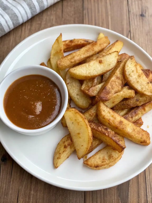 air fryer apple fries with dipping sauces A platter of air fryer apple fries with bowls of caramel and yogurt dip for serving