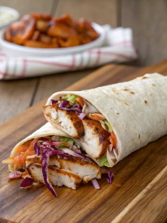BBQ chicken wraps plated with side dishes for a complete meal