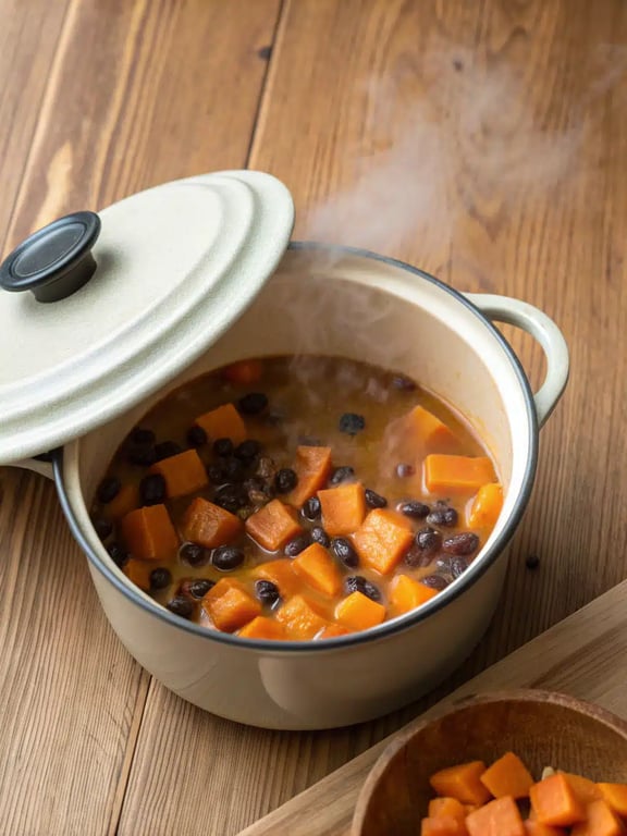 Final step for black bean sweet potato soup — ladled into a bowl with a garnish
