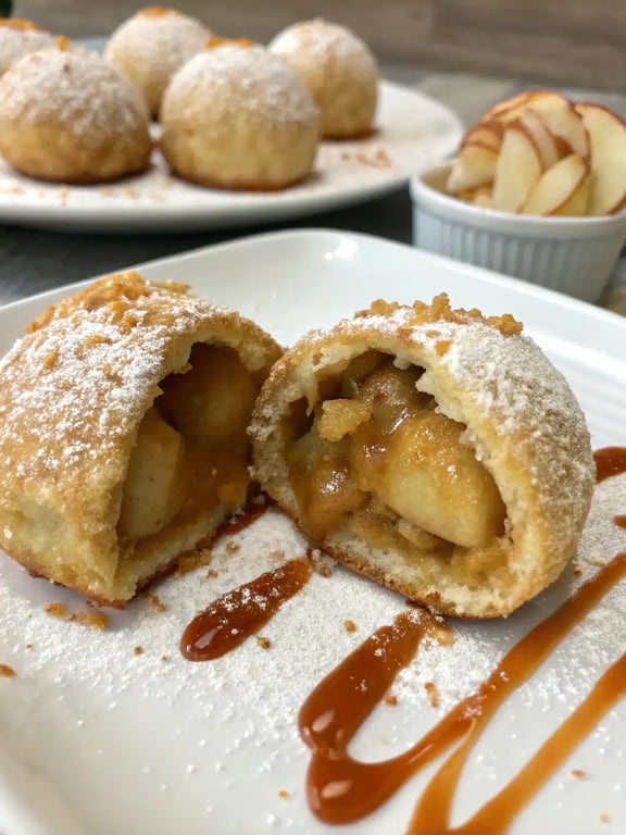 caramel apple pie bombs served warm with ice cream and caramel drizzle