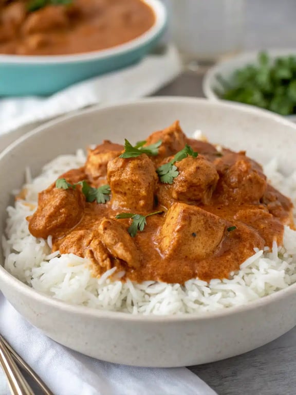 chicken tikka masala served with basmati rice and naan bread
