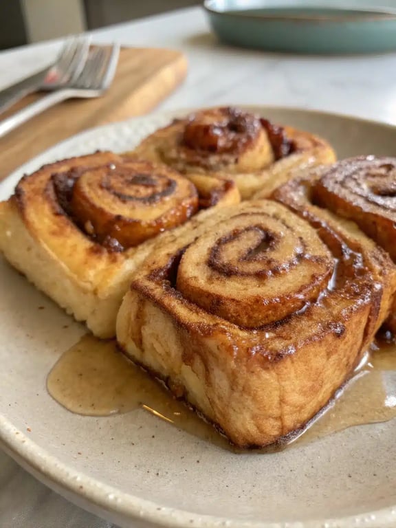 cinnamon roll french toast beautifully plated with berries and syrup