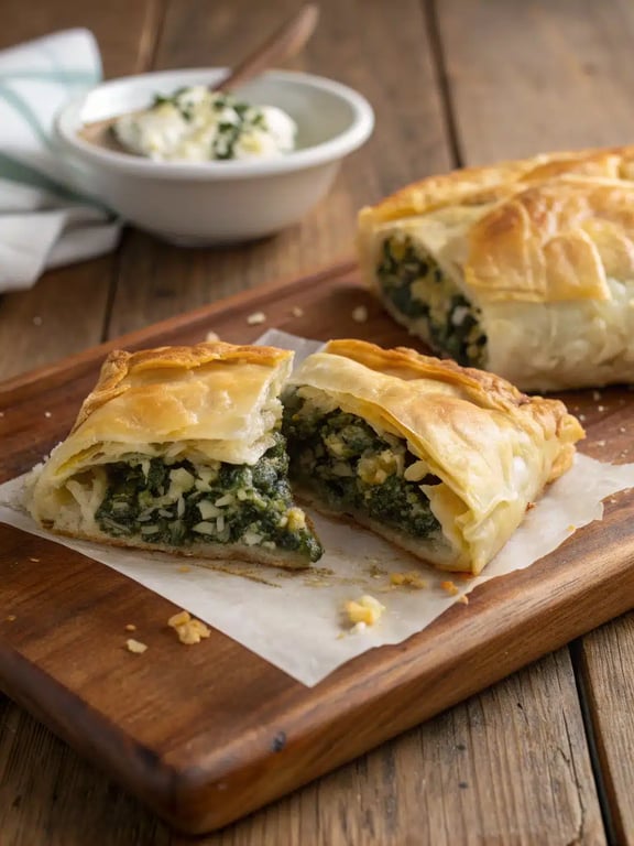 easy spanakopita recipe served on a platter with lemon wedges and fresh herbs