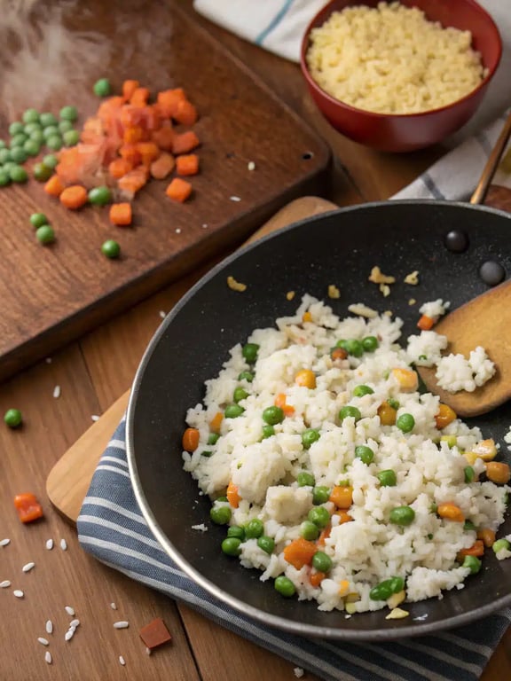 Step 4 for egg fried rice — texture check
