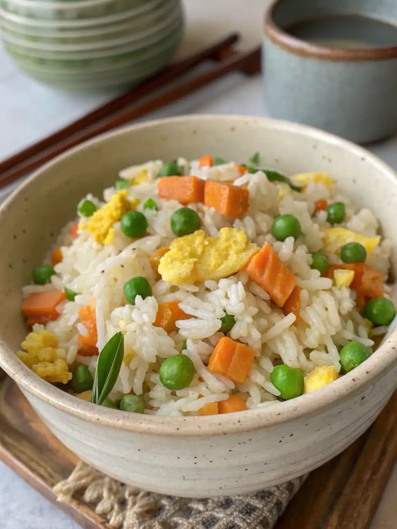 egg fried rice plated beautifully with garnishes as a main dish